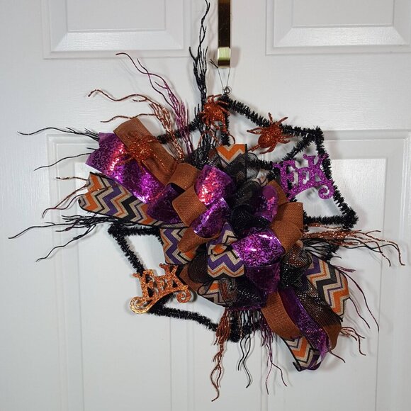 Halloween Orange Black Purple Glittered EEK Black Tinsel Spider Web Wreath - Picture 3 of 12